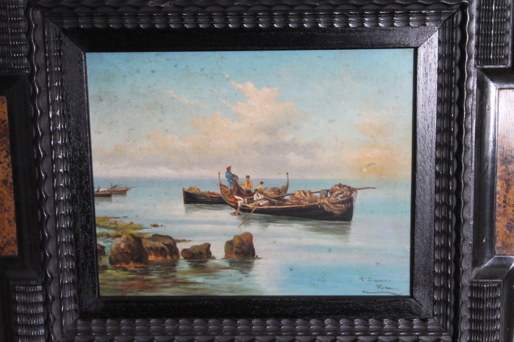 Antique early 20th-century oil on board painting, marine scene “Fishermen” P. Barucci Rome. Size 58 x 52 cm.